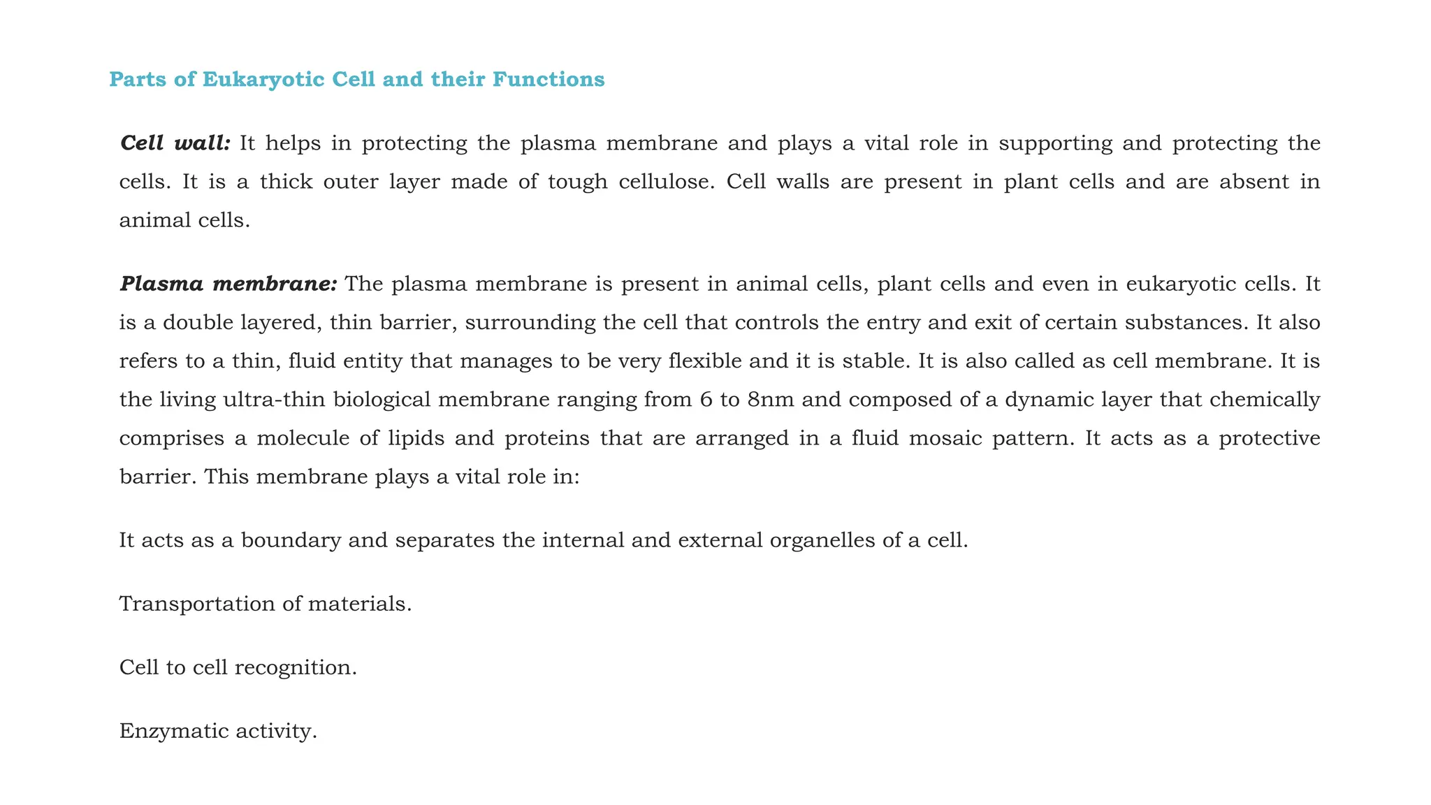 Parts of Eukaryotic Cell and their Functions
Cell wall: It helps in protecting the plasma membrane and plays a vital role in supporting and protecting the
cells. It is a thick outer layer made of tough cellulose. Cell walls are present in plant cells and are absent in
animal cells.
Plasma membrane: The plasma membrane is present in animal cells, plant cells and even in eukaryotic cells. It
is a double layered, thin barrier, surrounding the cell that controls the entry and exit of certain substances. It also
refers to a thin, fluid entity that manages to be very flexible and it is stable. It is also called as cell membrane. It is
the living ultra-thin biological membrane ranging from 6 to 8nm and composed of a dynamic layer that chemically
comprises a molecule of lipids and proteins that are arranged in a fluid mosaic pattern. It acts as a protective
barrier. This membrane plays a vital role in:
It acts as a boundary and separates the internal and external organelles of a cell.
Transportation of materials.
Cell to cell recognition.
Enzymatic activity.
 