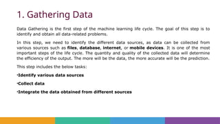 1. Gathering Data
Data Gathering is the first step of the machine learning life cycle. The goal of this step is to
identify and obtain all data-related problems.
In this step, we need to identify the different data sources, as data can be collected from
various sources such as files, database, internet, or mobile devices. It is one of the most
important steps of the life cycle. The quantity and quality of the collected data will determine
the efficiency of the output. The more will be the data, the more accurate will be the prediction.
This step includes the below tasks:
•Identify various data sources
•Collect data
•Integrate the data obtained from different sources
 