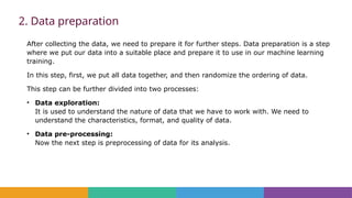 2. Data preparation
After collecting the data, we need to prepare it for further steps. Data preparation is a step
where we put our data into a suitable place and prepare it to use in our machine learning
training.
In this step, first, we put all data together, and then randomize the ordering of data.
This step can be further divided into two processes:
• Data exploration:
It is used to understand the nature of data that we have to work with. We need to
understand the characteristics, format, and quality of data.
• Data pre-processing:
Now the next step is preprocessing of data for its analysis.
 
