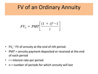 • FVn
= FV of annuity at the end of nth period.
• PMT = annuity payment deposited or received at the end
of each period
• i = interest rate per period
• n = number of periods for which annuity will last
FV of an Ordinary Annuity
 
