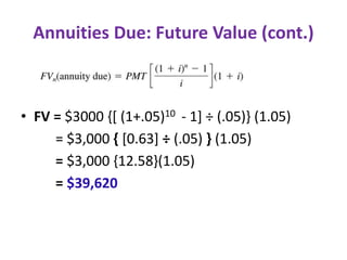 Annuities Due: Future Value (cont.)
• FV = $3000 {[ (1+.05)10 - 1] ÷ (.05)} (1.05)
= $3,000 { [0.63] ÷ (.05) } (1.05)
= $3,000 {12.58}(1.05)
= $39,620
 