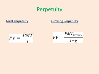 Perpetuity
Level Perpetuity Growing Perpetuity
 