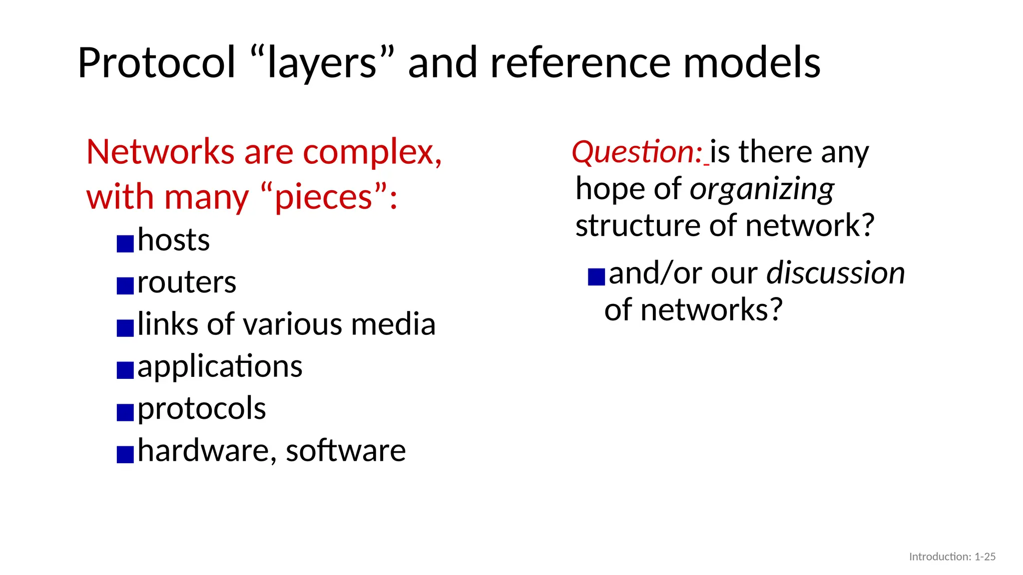 Protocol “layers” and reference models
Networks are complex,
with many “pieces”:
▪hosts
▪routers
▪links of various media
▪applications
▪protocols
▪hardware, software
Question: is there any
hope of organizing
structure of network?
▪and/or our discussion
of networks?
Introduction: 1-25
 