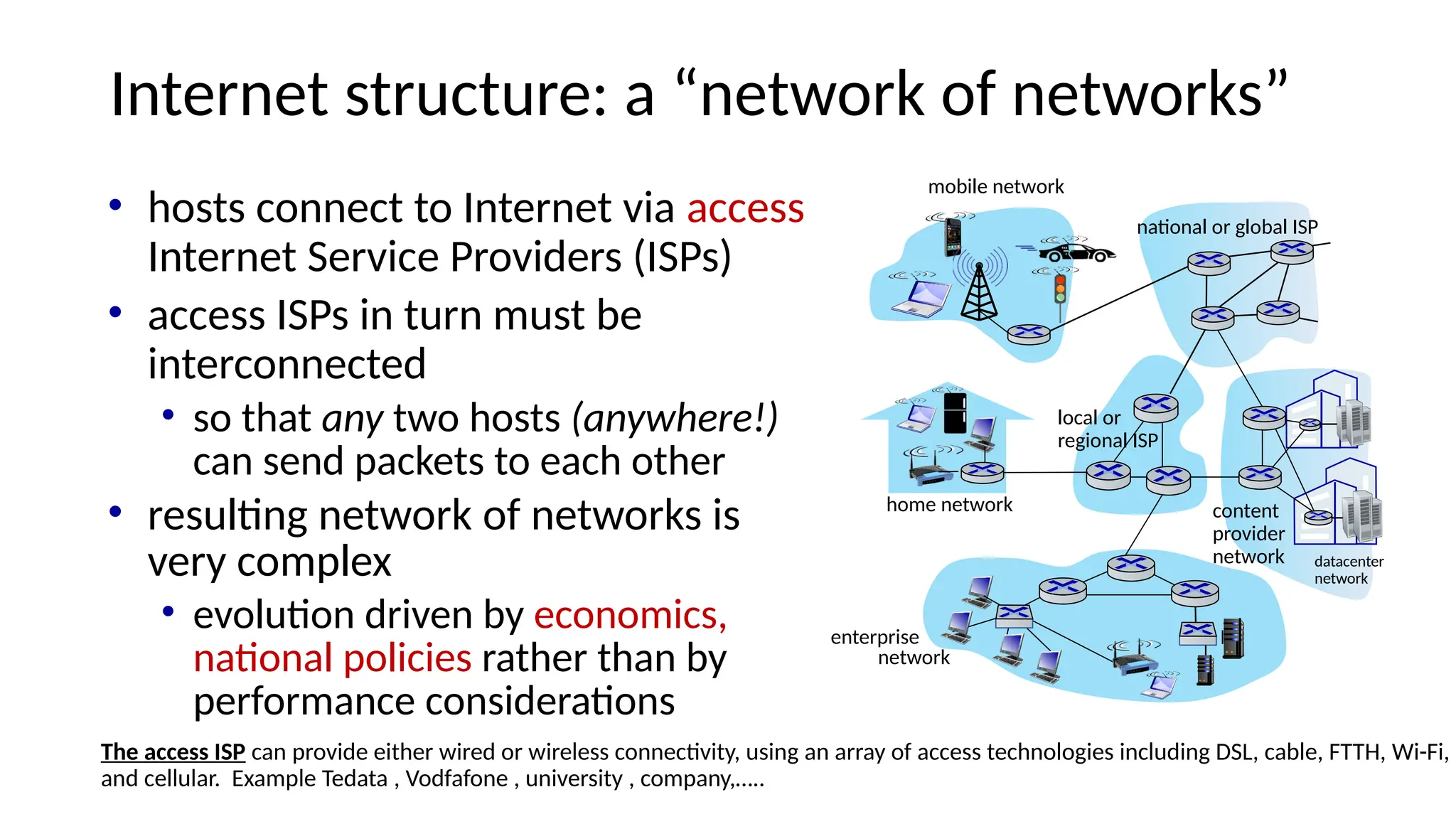 Internet structure: a “network of networks”
• hosts connect to Internet via access
Internet Service Providers (ISPs)
• access ISPs in turn must be
interconnected
• so that any two hosts (anywhere!)
can send packets to each other
• resulting network of networks is
very complex
• evolution driven by economics,
national policies rather than by
performance considerations
The access ISP can provide either wired or wireless connectivity, using an array of access technologies including DSL, cable, FTTH, Wi-Fi,
and cellular. Example Tedata , Vodfafone , university , company,…..
mobile network
home network
enterprise
network
national or global ISP
local or
regional ISP
datacenter
network
content
provider
network
 