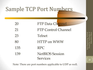Sample TCP Port Numbers
20 FTP Data Channel
21 FTP Control Channel
23 Telnet
80 HTTP on WWW
135 RPC
139 NetBIOS Session
Services
Note: There are port numbers applicable to UDP as well.
WebEngineering,TCP-IP
Protocols,Universityof
EducationOkara
20
 