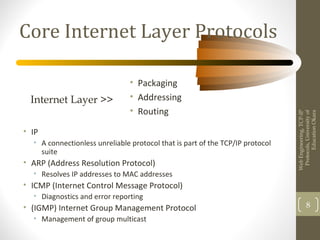 Core Internet Layer Protocols
• IP
• A connectionless unreliable protocol that is part of the TCP/IP protocol
suite
• ARP (Address Resolution Protocol)
• Resolves IP addresses to MAC addresses
• ICMP (Internet Control Message Protocol)
• Diagnostics and error reporting
• (IGMP) Internet Group Management Protocol
• Management of group multicast
WebEngineering,TCP-IP
Protocols,Universityof
EducationOkara
8
• Packaging
• Addressing
• Routing
Internet Layer >>
 