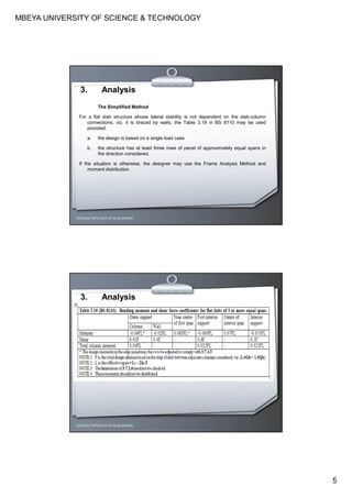 MBEYA UNIVERSITY OF SCIENCE & TECHNOLOGY
5
3. Analysis
The Simplified Method
For a flat slab structure whose lateral stability is not dependent on the slab-column
connections, viz. it is braced by walls, the Table 3.19 in BS 8110 may be used
provided:
a. the design is based on a single load case
b. the structure has at least three rows of panel of approximately equal spans in
the direction considered.
If the situation is otherwise, the designer may use the Frame Analysis Method and
moment distribution.
CEH7422; TOPIC 2A-FLAT SLAB DESIGN
3. Analysis
CEH7422; TOPIC 2A-FLAT SLAB DESIGN
 