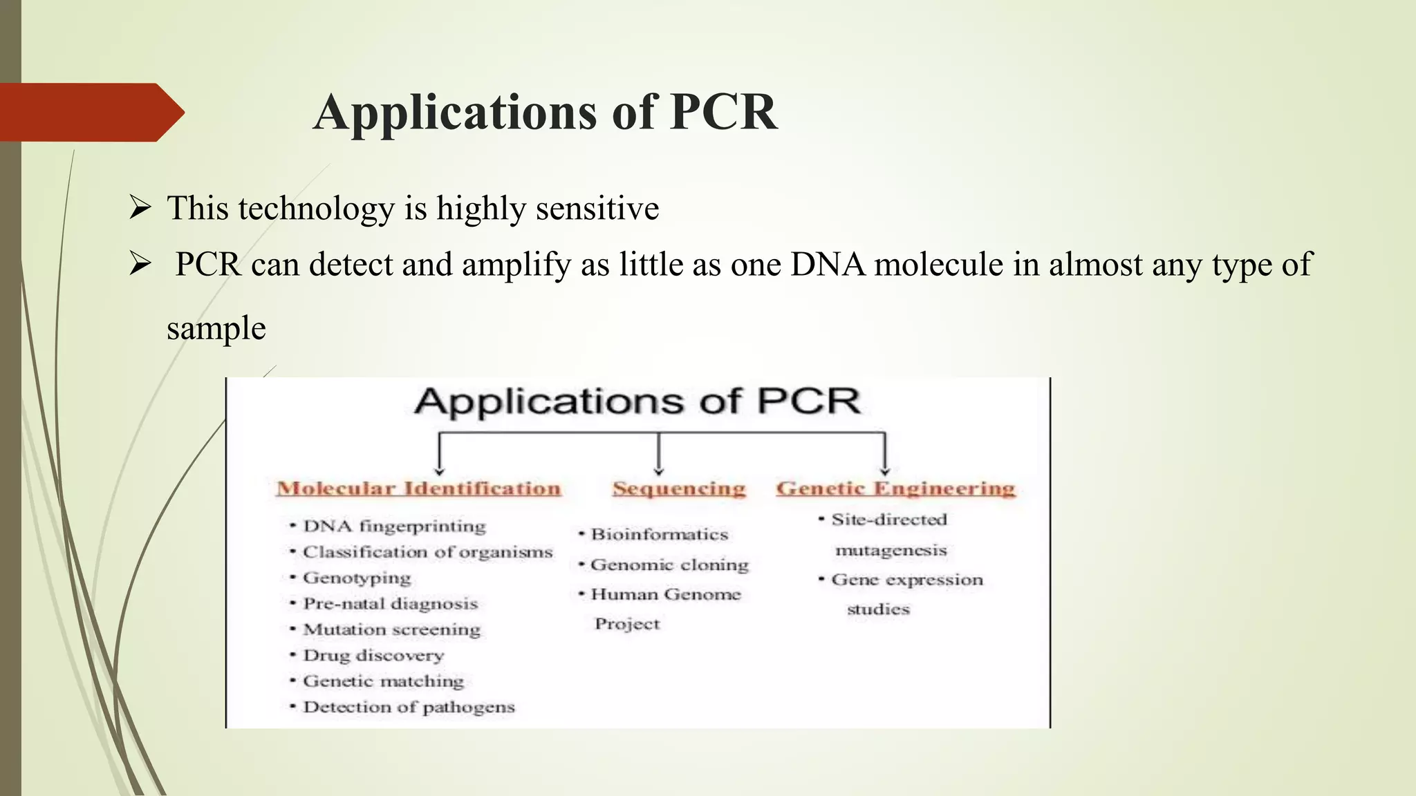 Applications of PCR
 This technology is highly sensitive
 PCR can detect and amplify as little as one DNA molecule in almost any type of
sample
 