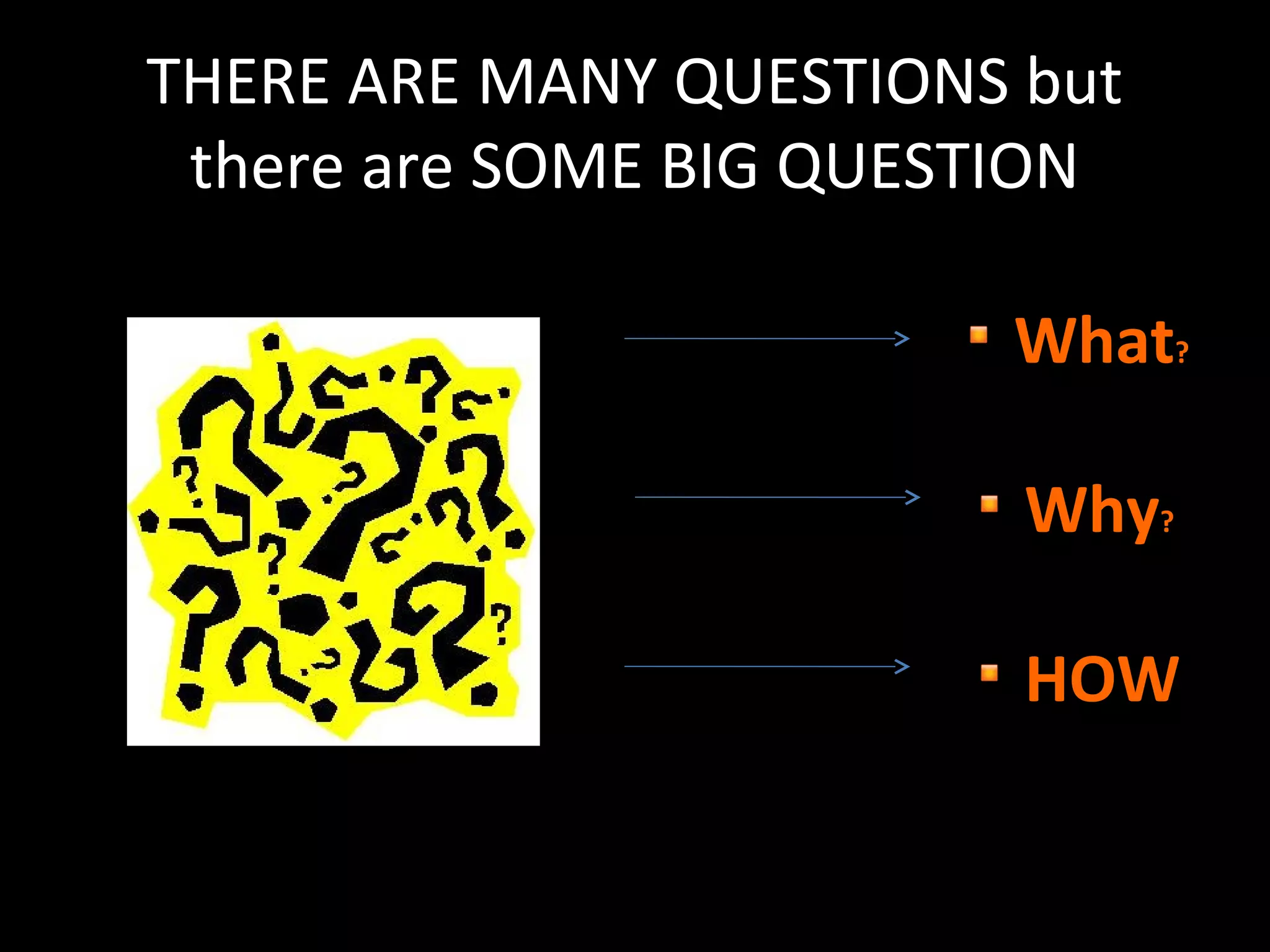THERE ARE MANY QUESTIONS but
there are SOME BIG QUESTION
What?
Why?
HOW

 