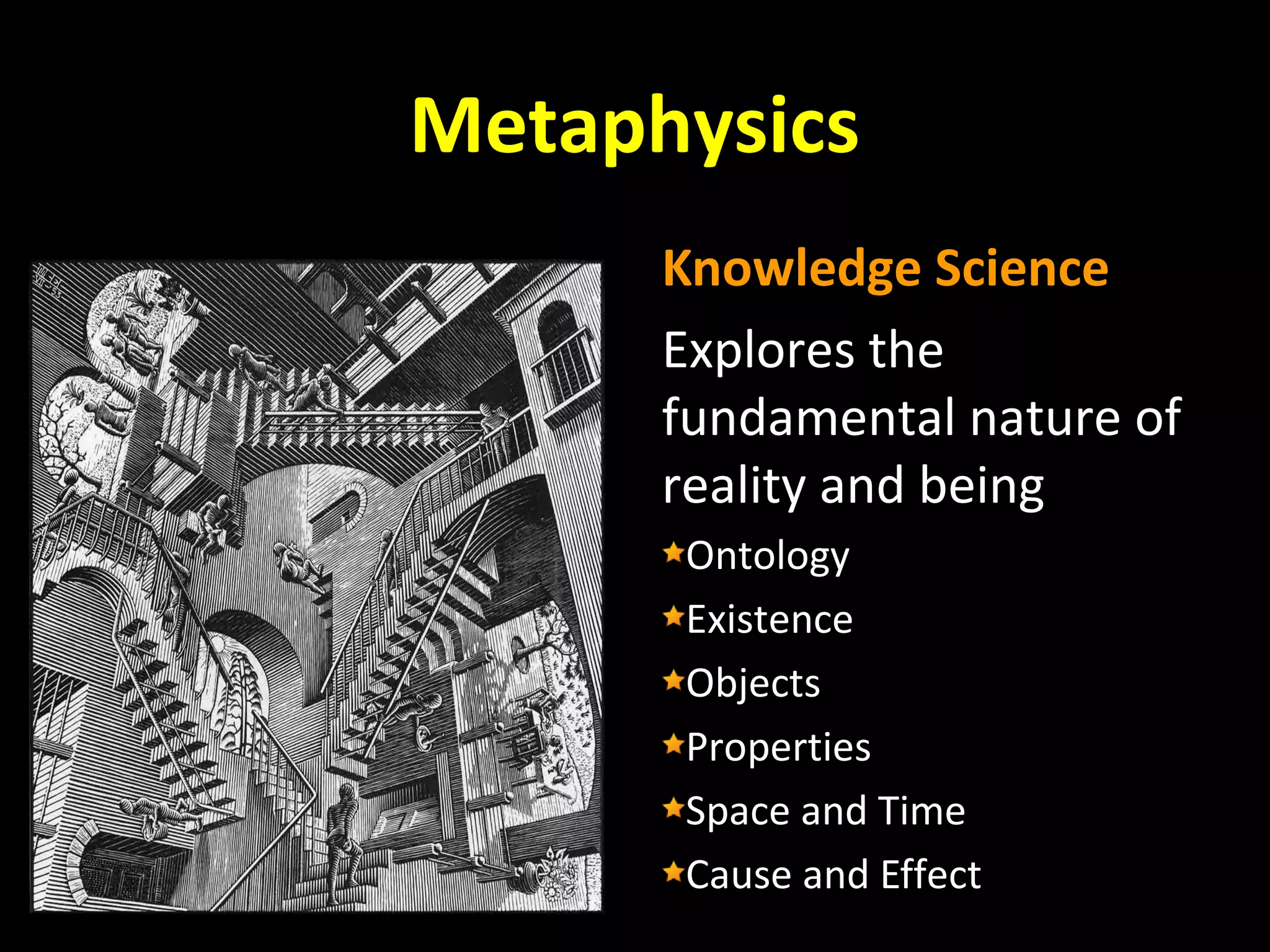 Metaphysics
Knowledge Science
Explores the
fundamental nature of
reality and being
Ontology
Existence
Objects
Properties
Space and Time
Cause and Effect

 