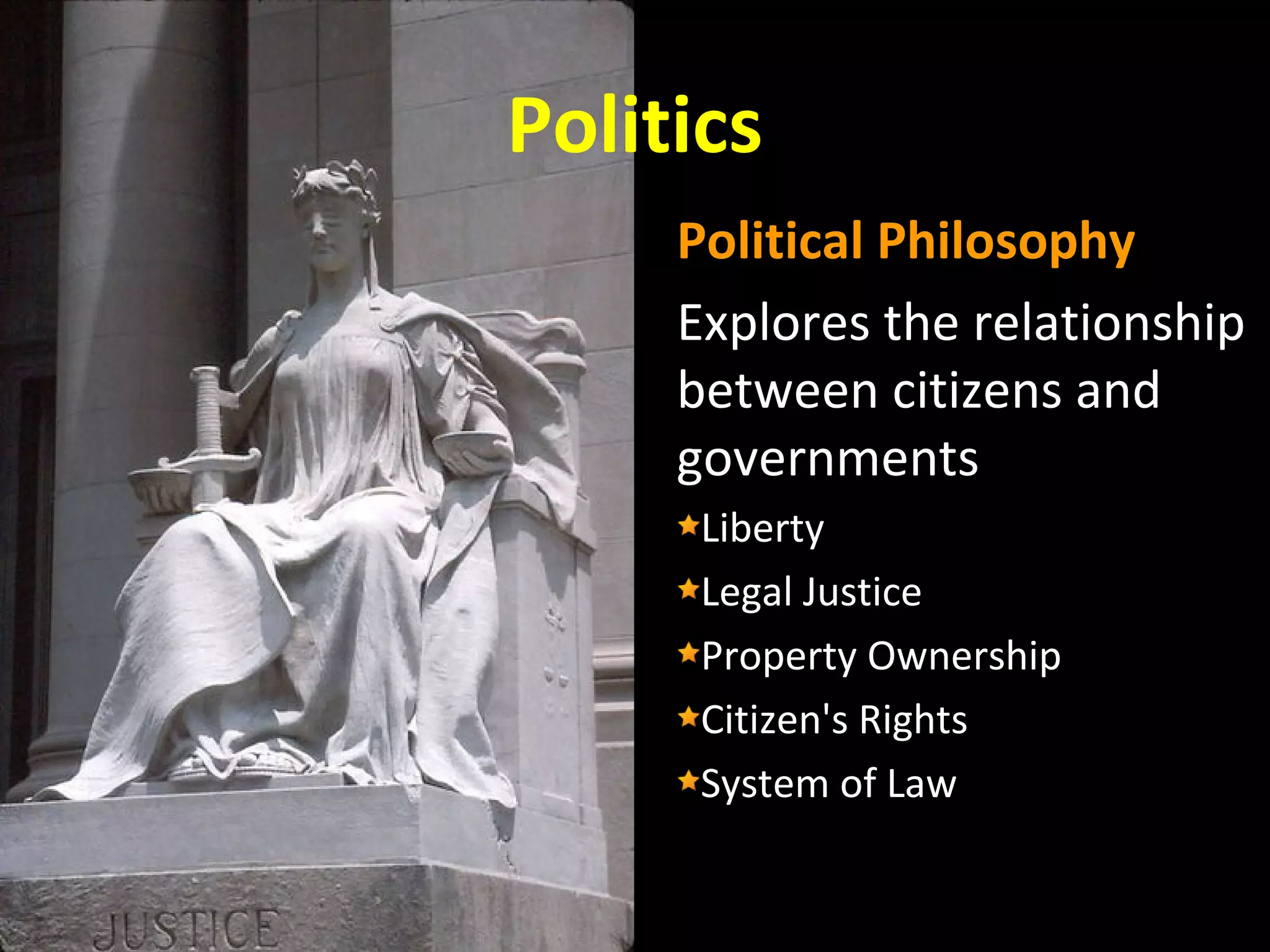 Politics
Political Philosophy
Explores the relationship
between citizens and
governments
Liberty
Legal Justice
Property Ownership
Citizen's Rights
System of Law

 