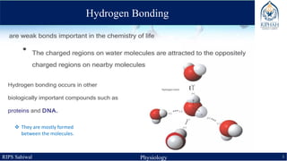 RIPS Sahiwal Physiology 8
Hydrogen Bonding
 They are mostly formed
between the molecules.
 