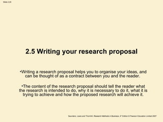 2.5 Writing your research proposal Writing a research proposal helps you to organise your ideas, and can be thought of as a contract between you and the reader.  The content of the research proposal should tell the reader what the research is intended to do, why it is necessary to do it, what it is trying to achieve and how the proposed research will achieve it. 