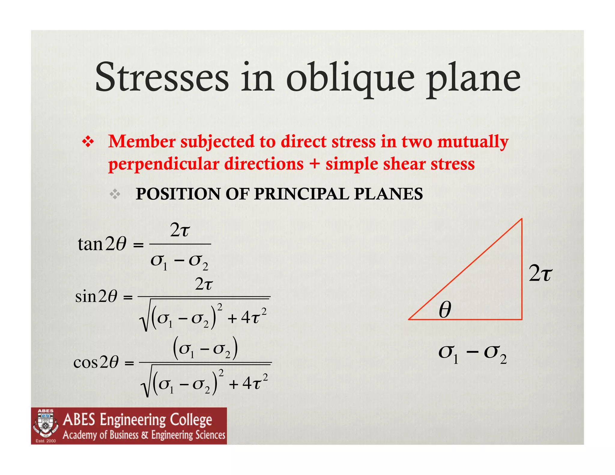 Stresses in oblique plane
      Member subjected to direct stress in two mutually
        perpendicular directions + simple shear stress
          POSITION OF PRINCIPAL PLANES

              2τ
    tan2θ =
            σ1 − σ 2
                    2τ                                     2τ
    sin2θ =              2
              (σ1 − σ 2 ) + 4τ 2                 θ
€
    cos2θ =
                 (σ1 − σ 2 )                    σ1 − σ 2
                         2
              (σ1 − σ 2 ) + 4τ 2               €
€
                                    €

€                                   €
 