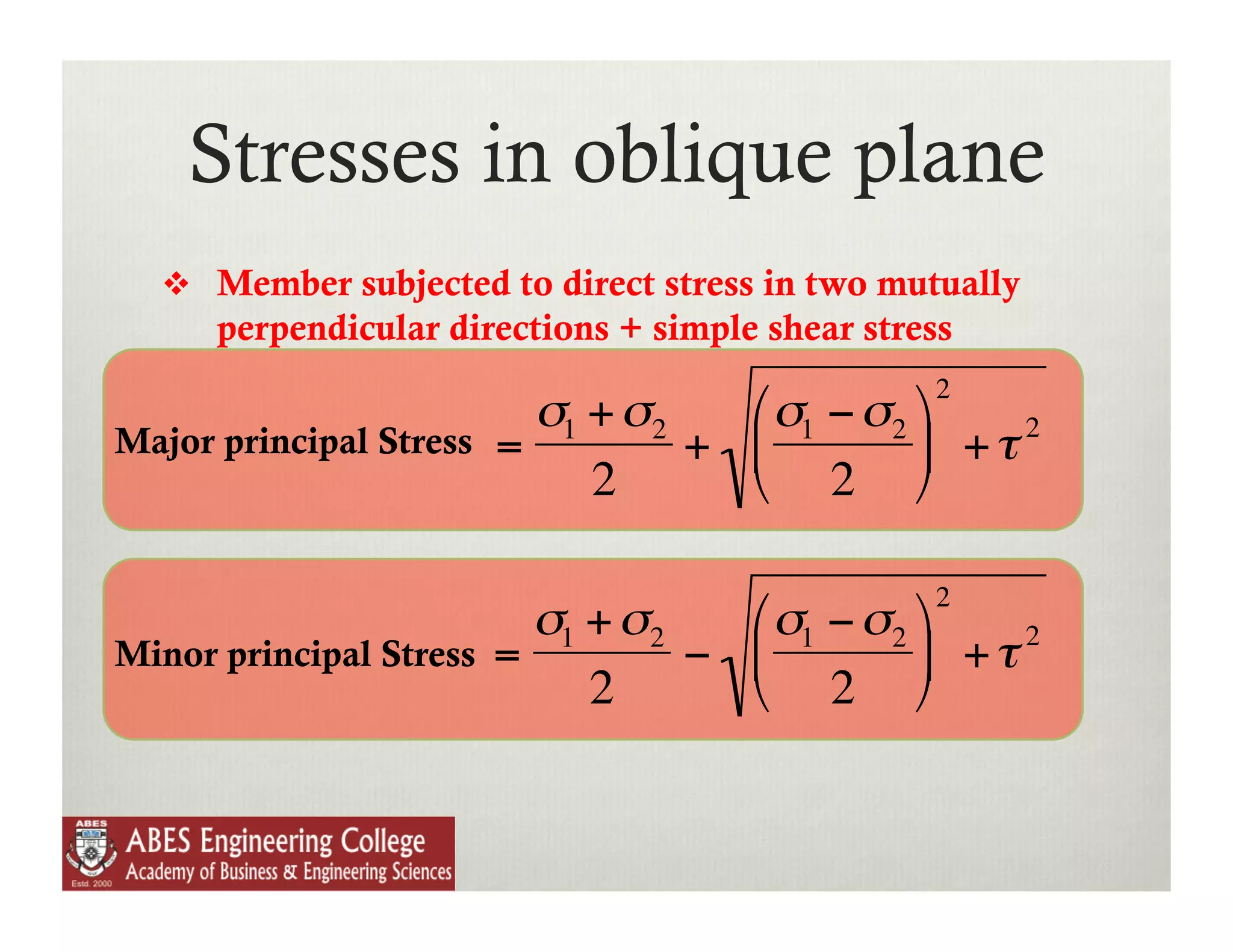 Stresses in oblique plane
    Member subjected to direct stress in two mutually
      perpendicular directions + simple shear stress
                                                  2
                           σ1 + σ2   ⎛ σ1 − σ2 ⎞
Major principal Stress   =         + ⎜         ⎟ +τ2
                              2      ⎝ 2 ⎠

                                                  2
                           σ1 + σ2   ⎛ σ1 − σ2 ⎞     2
Minor principal Stress   =         − ⎜         ⎟ + τ
          €                   2      ⎝ 2 ⎠



          €
 