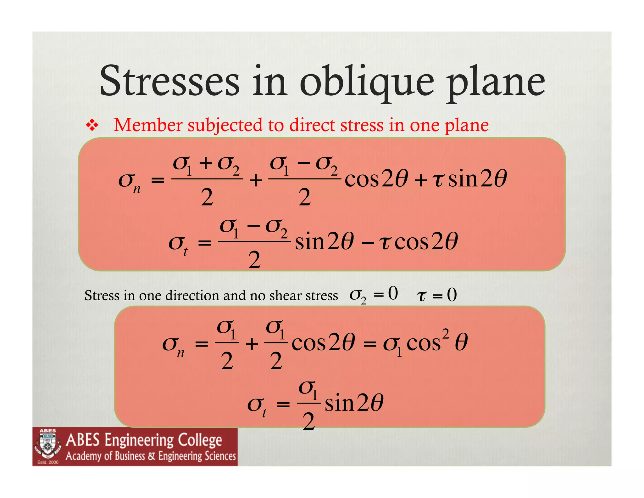 Stresses in oblique plane
          Member subjected to direct stress in one plane

                  σ1 + σ2 σ1 − σ2
             σn =         +        cos2θ + τ sin2θ
                     2         2
                       σ1 − σ2
                  σt =         sin2θ − τ cos2θ
                          2
        Stress in one direction and no shear stress   σ2 = 0 τ = 0
€
                        σ1 σ1
                    σn = + cos2θ = σ1 cos2 θ
    €                   2 2
                            € σ €
                               1
                          σt = sin2θ
                              2
    €
 