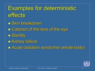Radiation Protection in Radiotherapy Part 3, lecture 1: Radiation protection 14
Examples for deterministic
effects
 Skin breakdown
 Cataract of the lens of the eye
 Sterility
 Kidney failure
 Acute radiation syndrome (whole body)
 