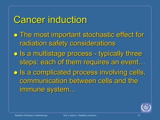 Radiation Protection in Radiotherapy Part 3, lecture 1: Radiation protection 21
Cancer induction
 The most important stochastic effect for
radiation safety considerations
 Is a multistage process - typically three
steps: each of them requires an event…
 Is a complicated process involving cells,
communication between cells and the
immune system...
 