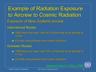 Radiation Protection in Radiotherapy Part 3, lecture 1: Radiation protection 39
Example of Radiation Exposure
to Aircrew to Cosmic Radiation
Exposure of New Zealand aircrew
International Routes
 1000 hours per year, with 90% of the time at an altitude of
12 km
 6.5 mSv annual dose from cosmic radiation
Domestic Routes
 1000 hours per year, with 70% of the time at an altitude of
11 km
 3.5 mSv annual dose from cosmic radiation
Adapted from L Collins 2000
 