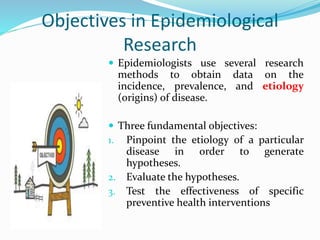 Objectives in Epidemiological
Research
 Epidemiologists use several research
methods to obtain data on the
incidence, prevalence, and etiology
(origins) of disease.
 Three fundamental objectives:
1. Pinpoint the etiology of a particular
disease in order to generate
hypotheses.
2. Evaluate the hypotheses.
3. Test the effectiveness of specific
preventive health interventions
 