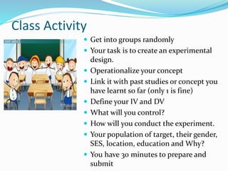 Class Activity
 Get into groups randomly
 Your task is to create an experimental
design.
 Operationalize your concept
 Link it with past studies or concept you
have learnt so far (only 1 is fine)
 Define your IV and DV
 What will you control?
 How will you conduct the experiment.
 Your population of target, their gender,
SES, location, education and Why?
 You have 30 minutes to prepare and
submit
 