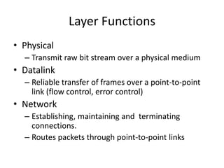 Layer FunctionsPhysicalTransmit raw bit stream over a physical mediumDatalinkReliable transfer of frames over a point-to-point link (flow control, error control)NetworkEstablishing, maintaining and  terminating connections.Routes packets through point-to-point links