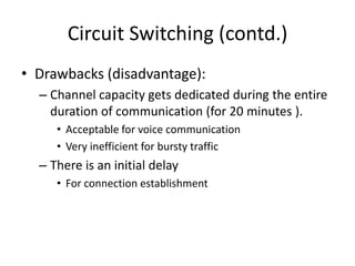 Circuit Switching (contd.)Drawbacks (disadvantage):Channel capacity gets dedicated during the entire duration of communication (for 20 minutes ).Acceptable for voice communicationVery inefficient for bursty trafficThere is an initial delayFor connection establishment