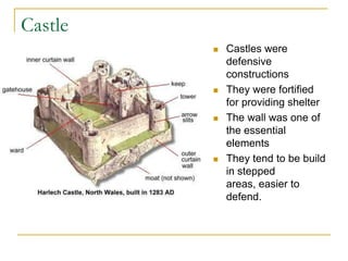 Castle
            Castles were
             defensive
             constructions
            They were fortified
             for providing shelter
            The wall was one of
             the essential
             elements
            They tend to be build
             in stepped
             areas, easier to
             defend.
 