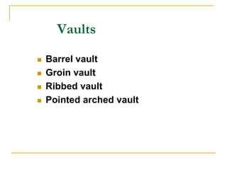 Vaults
   Barrel vault
   Groin vault
   Ribbed vault
   Pointed arched vault
 