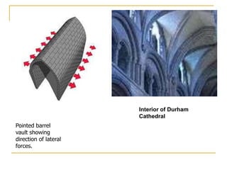 Interior of Durham
                       Cathedral
Pointed barrel
vault showing
direction of lateral
forces.
 