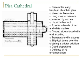 Pisa Cathedral   o Resembles early
                 basilican church in plan
                 o Nave, double aisles
                 o Long rows of columns
                 connected by arches
                 o Usual timber roof
                 o Exterior – bands of red
                 and white marble
                 o Ground storey faced with
                 wall arcading
                 o Transepts end in aspses
                 o Elliptical dome over the
                 crossing is a later addition
                 o Good proportions
                 o Delicacy of its
                 ornamentation
 
