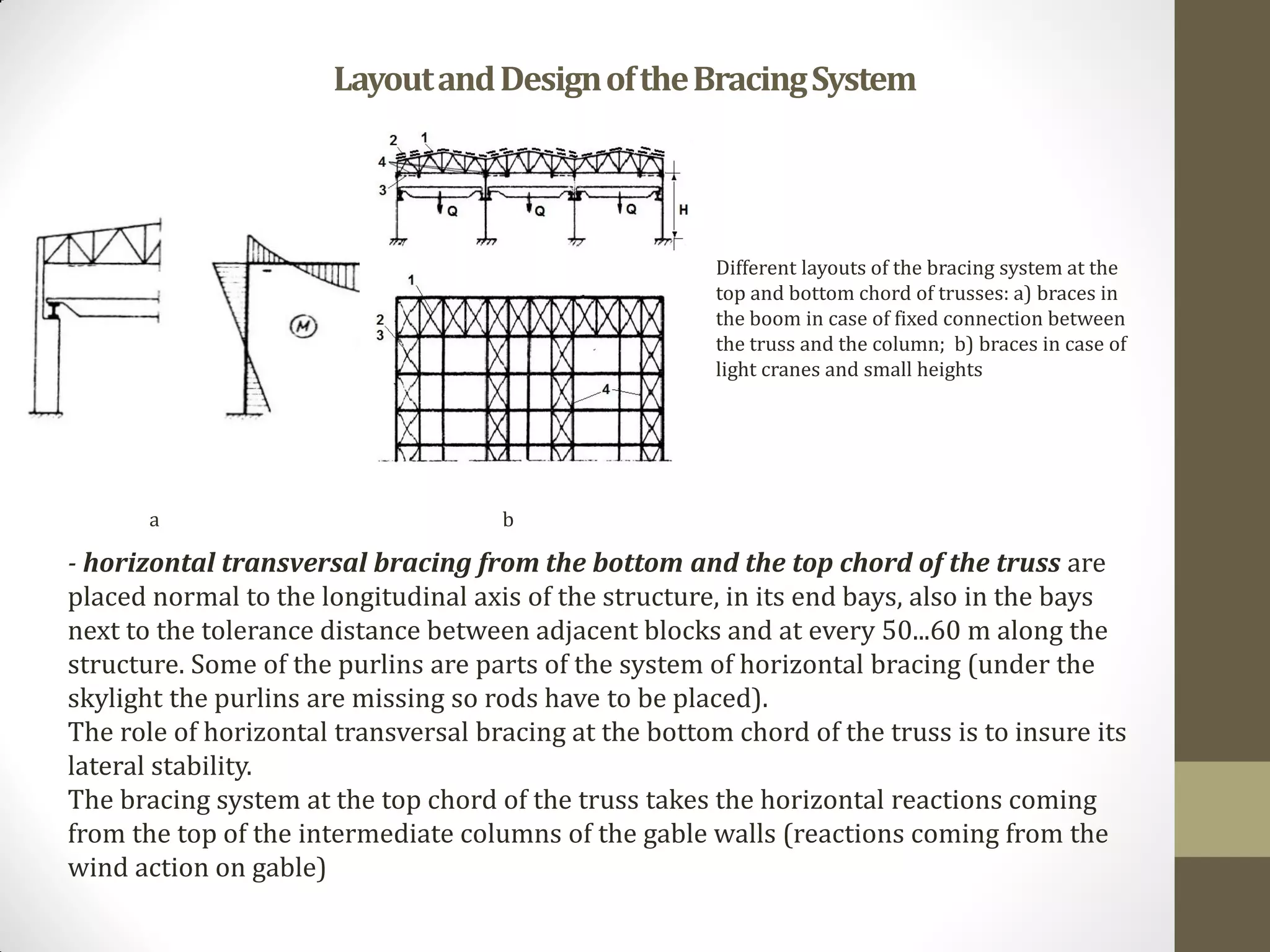 LayoutandDesignoftheBracingSystem
Different layouts of the bracing system at the
top and bottom chord of trusses: a) braces in
the boom in case of fixed connection between
the truss and the column; b) braces in case of
light cranes and small heights
a b
- horizontal transversal bracing from the bottom and the top chord of the truss are
placed normal to the longitudinal axis of the structure, in its end bays, also in the bays
next to the tolerance distance between adjacent blocks and at every 50...60 m along the
structure. Some of the purlins are parts of the system of horizontal bracing (under the
skylight the purlins are missing so rods have to be placed).
The role of horizontal transversal bracing at the bottom chord of the truss is to insure its
lateral stability.
The bracing system at the top chord of the truss takes the horizontal reactions coming
from the top of the intermediate columns of the gable walls (reactions coming from the
wind action on gable)
 