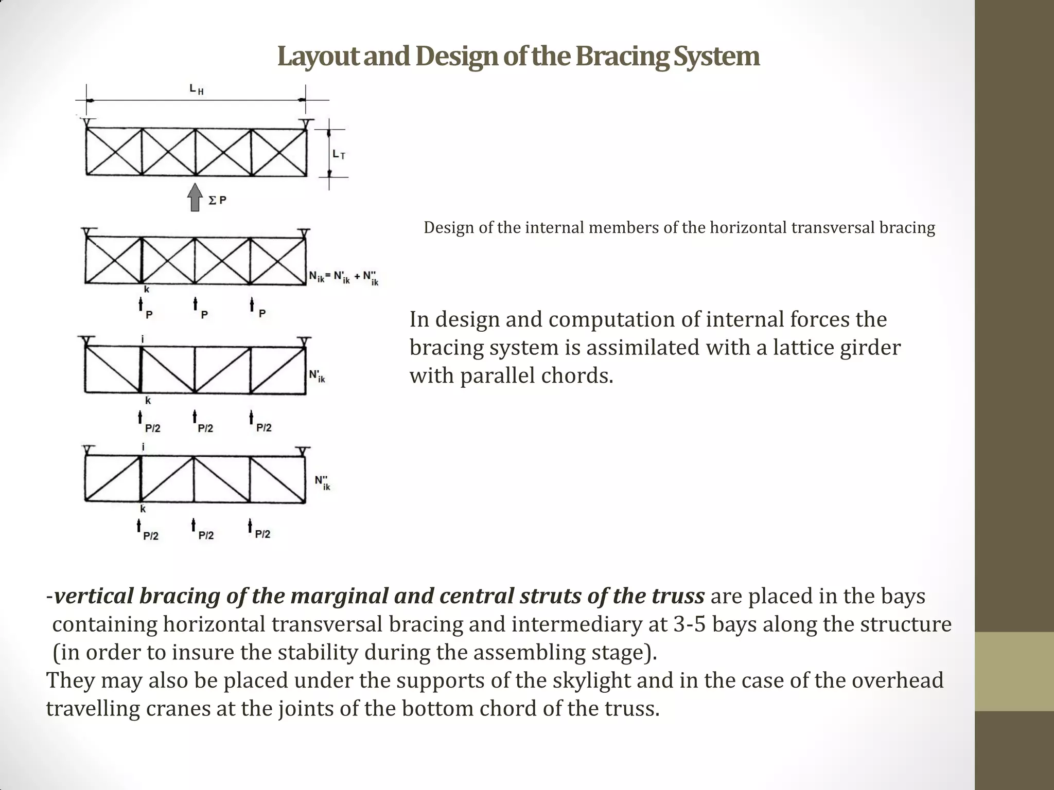 LayoutandDesignoftheBracingSystem
Design of the internal members of the horizontal transversal bracing
In design and computation of internal forces the
bracing system is assimilated with a lattice girder
with parallel chords.
-vertical bracing of the marginal and central struts of the truss are placed in the bays
containing horizontal transversal bracing and intermediary at 3-5 bays along the structure
(in order to insure the stability during the assembling stage).
They may also be placed under the supports of the skylight and in the case of the overhead
travelling cranes at the joints of the bottom chord of the truss.
 