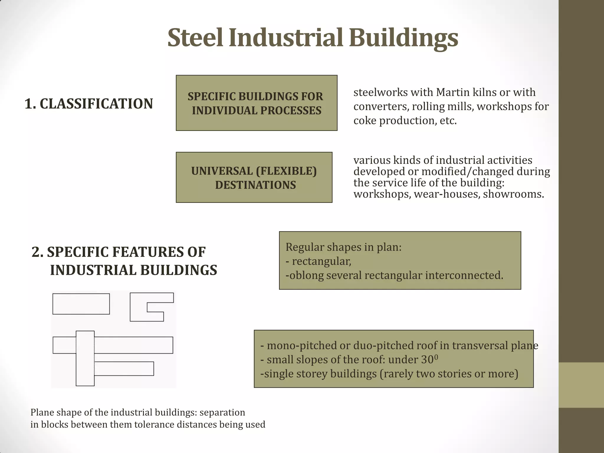 SteelIndustrialBuildings
SPECIFIC BUILDINGS FOR
INDIVIDUAL PROCESSES
UNIVERSAL (FLEXIBLE)
DESTINATIONS
steelworks with Martin kilns or with
converters, rolling mills, workshops for
coke production, etc.
various kinds of industrial activities
developed or modified/changed during
the service life of the building:
workshops, wear-houses, showrooms.
1. CLASSIFICATION
2. SPECIFIC FEATURES OF
INDUSTRIAL BUILDINGS
Regular shapes in plan:
- rectangular,
-oblong several rectangular interconnected.
- mono-pitched or duo-pitched roof in transversal plane
- small slopes of the roof: under 300
-single storey buildings (rarely two stories or more)
Plane shape of the industrial buildings: separation
in blocks between them tolerance distances being used
 