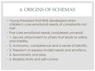 4. ORIGINS OF SCHEMAS

• Young theorised that EMS developed when
  children's core emotional needs of consistently not
  met.
• Five core emotional needs considered universal:
• 1. Secure attachment to others that leads to safety
  and stability.
• 2. Autonomy, competence and a sense of identity.
• 3. Freedom to express invalid needs and emotions.
• 4. Spontaneity and play.
• 5. Realistic limits and self-control
 