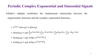 • 𝑒𝑗𝜔0𝑡=cos 𝜔0𝑡 + 𝑗sin 𝜔0𝑡
• 𝐴𝑐𝑜𝑠(𝜔0𝑡 + 𝜑)=
𝐴
2
𝑒𝑗(𝜔0𝑡+𝜑)+
𝐴
2
𝑒−𝑗(𝜔0𝑡+𝜑)=
𝐴
2
𝑒𝑗𝜑𝑒𝑗𝜔0𝑡+
𝐴
2
𝑒−𝑗𝜑𝑒−𝑗𝜔0𝑡
• A cos(𝜔0𝑡 + 𝜑)=A Re{ 𝑒𝑗(𝜔0𝑡+𝜑) }
• A sin(𝜔0𝑡 + 𝜑)=A Im{ 𝑒𝑗(𝜔0𝑡+𝜑)}
Periodic Complex Exponential and Sinusoidal Signals
15
Euler’s relation establishes the fundamental relationship between the
trigonometric functions and the complex exponential functions.
 