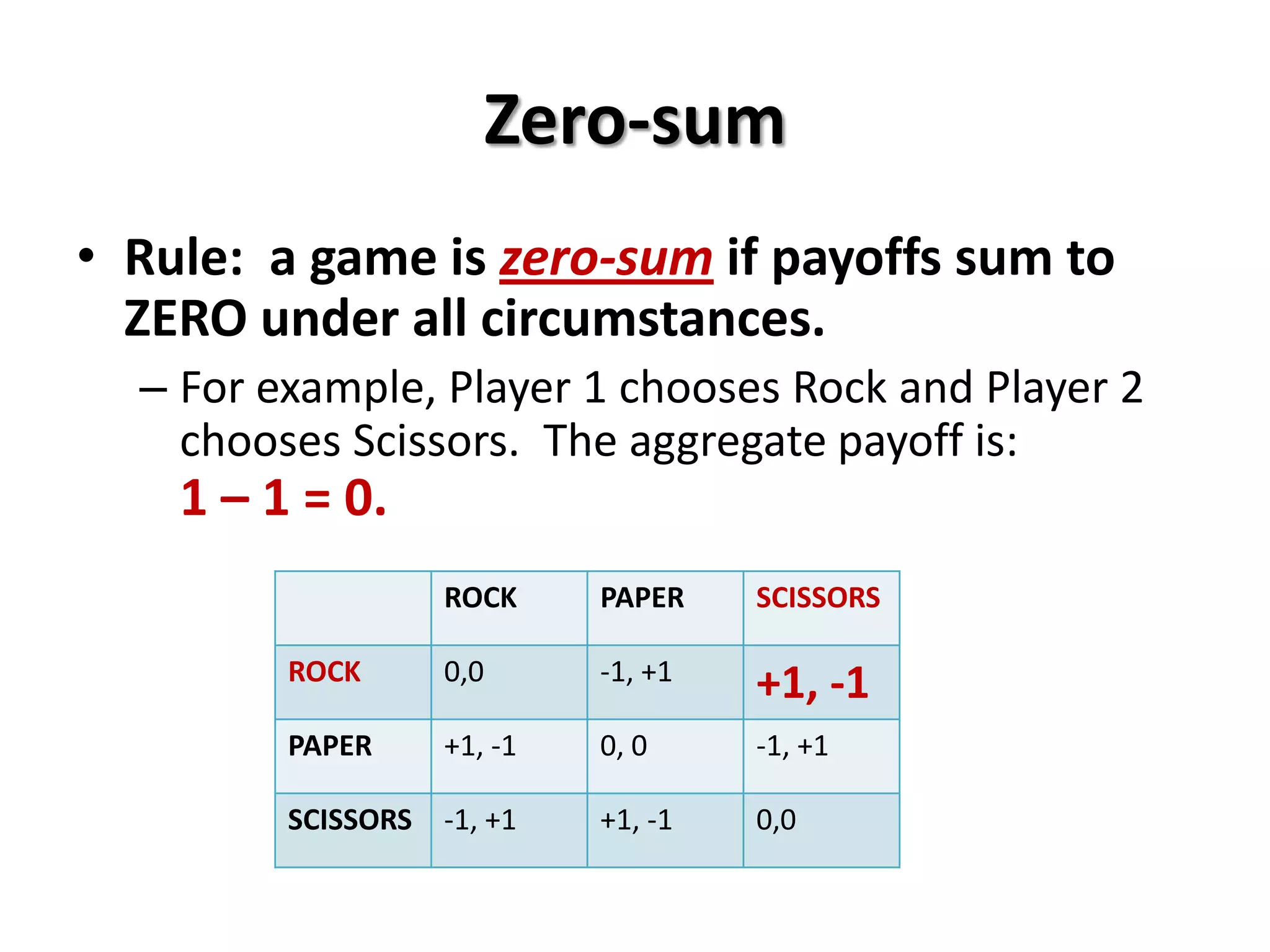 Zero-sum
• Rule: a game is zero-sum if payoffs sum to
ZERO under all circumstances.
– For example, Player 1 chooses Rock and Player 2
chooses Scissors. The aggregate payoff is:
1 – 1 = 0.
ROCK PAPER SCISSORS
ROCK 0,0 -1, +1
+1, -1
PAPER +1, -1 0, 0 -1, +1
SCISSORS -1, +1 +1, -1 0,0
 