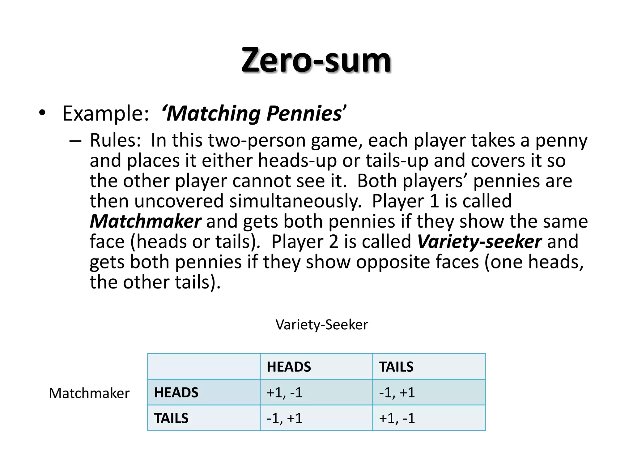 Zero-sum
• Example: ‘Matching Pennies’
– Rules: In this two-person game, each player takes a penny
and places it either heads-up or tails-up and covers it so
the other player cannot see it. Both players’ pennies are
then uncovered simultaneously. Player 1 is called
Matchmaker and gets both pennies if they show the same
face (heads or tails). Player 2 is called Variety-seeker and
gets both pennies if they show opposite faces (one heads,
the other tails).
HEADS TAILS
HEADS +1, -1 -1, +1
TAILS -1, +1 +1, -1
Matchmaker
Variety-Seeker
 