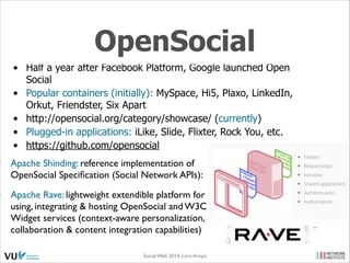 Facebook Platform
•
•
•
•

•
•

Graph API - core of Facebook Platform, to read and write data
to Facebook (simple and consistent view of the social graph)
Open Graph - defining Actions and Objects
Facebook Query Language (FQL) - SQL-style interface to query
the data exposed by the Graph API
Authentication (Facebook Login) - interact with Graph API on
behalf of Facebook users (single-sign on mechanism for web,
mobile & desktop apps)
Social Plugins, Facebook Payments, Ads API, Chat API (via
Jabber/XMPP service), JavaScript SDK
Depreciated: REST API, FBML, and the old Javascript API,
Facebook Connect APIs

Social Web 2014, Lora Aroyo!
Monday, February 17, 14

 