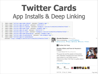 Twitter for Websites
TfW: a set of products that enables websites to
easily integrate Twitter basic functions
•
•
•
•

Tweet button
Follow button
Embedded Tweets
Embedding Timelines

Social Web 2014, Lora Aroyo!
Monday, February 17, 14

 