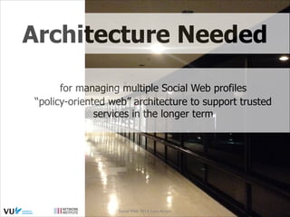 Architecture Needed
for managing multiple Social Web profiles
“policy-oriented web” architecture to support trusted
services in the longer term

Social Web 2014, Lora Aroyo!
Monday, February 17, 14

 