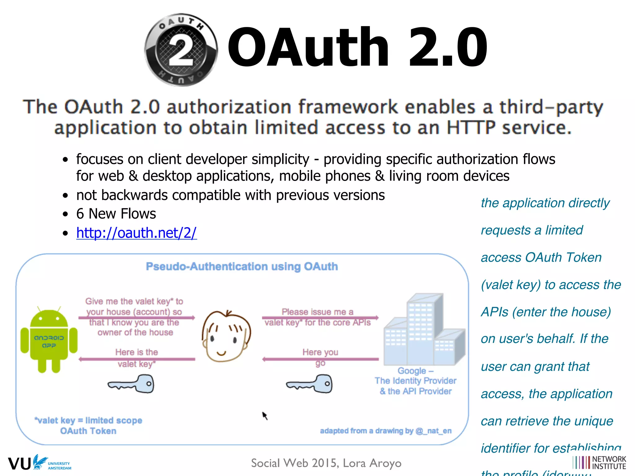 OAuth 2.0
the application directly
requests a limited
access OAuth Token
(valet key) to access the
APIs (enter the house)
on user's behalf. If the
user can grant that
access, the application
can retrieve the unique
identiﬁer for establishing
Social Web 2015, Lora Aroyo
•  focuses on client developer simplicity - providing specific authorization flows
for web & desktop applications, mobile phones & living room devices
•  not backwards compatible with previous versions
•  6 New Flows
•  http://oauth.net/2/
 