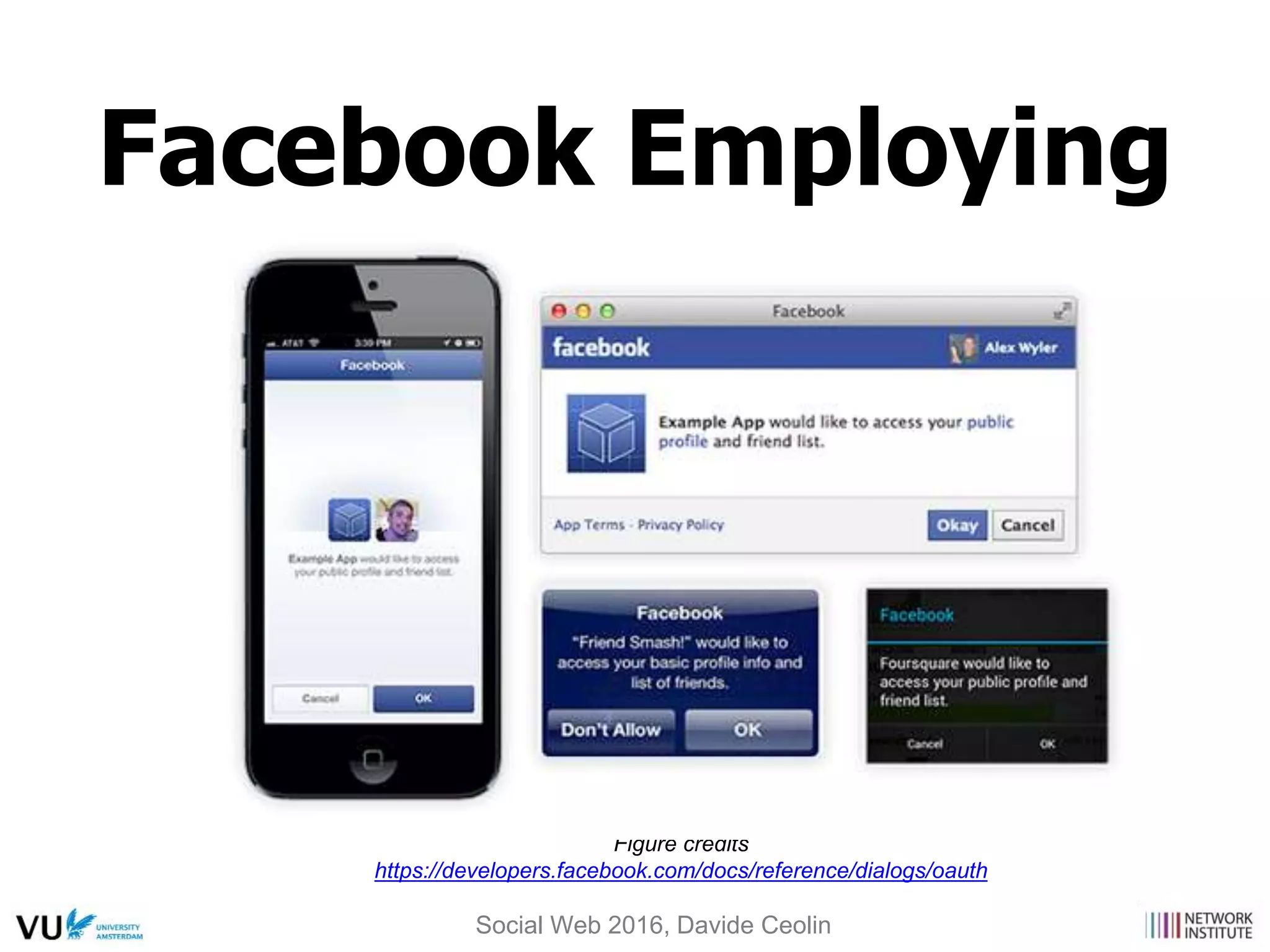 Figure credits
https://developers.facebook.com/docs/reference/dialogs/oauth
Facebook Employing
Social Web 2016, Davide Ceolin
 