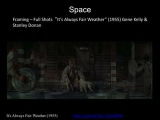 Space
It's Always Fair Weather (1955) http://youtu.be/hw_f-QwlPFM
Framing – Full Shots “It’s Always Fair Weather” (1955) Gene Kelly &
Stanley Donan
 