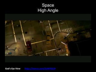 Space
High Angle
God's Eye View https://vimeo.com/31487012#
 