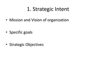 1. Strategic Intent
• Mission and Vision of organization
• Specific goals
• Strategic Objectives
 