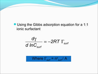 Using the Gibbs adsorption equation for a 1:1
ionic surfactant
surf
surf
2RT
lnCd
d
Γ−=
γ
Where Γsurf = nσ
surf / A
 