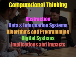 Computational Thinking
Abstraction
Data & Information Systems
Algorithms and Programming
Digital Systems
Implications and ...