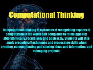 Computational Thinking
Computational thinking is a process of recognising aspects of
computation in the world and being ab...