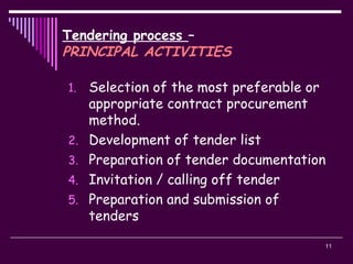 11
Tendering process –
PRINCIPAL ACTIVITIES
1. Selection of the most preferable or
appropriate contract procurement
method.
2. Development of tender list
3. Preparation of tender documentation
4. Invitation / calling off tender
5. Preparation and submission of
tenders
 